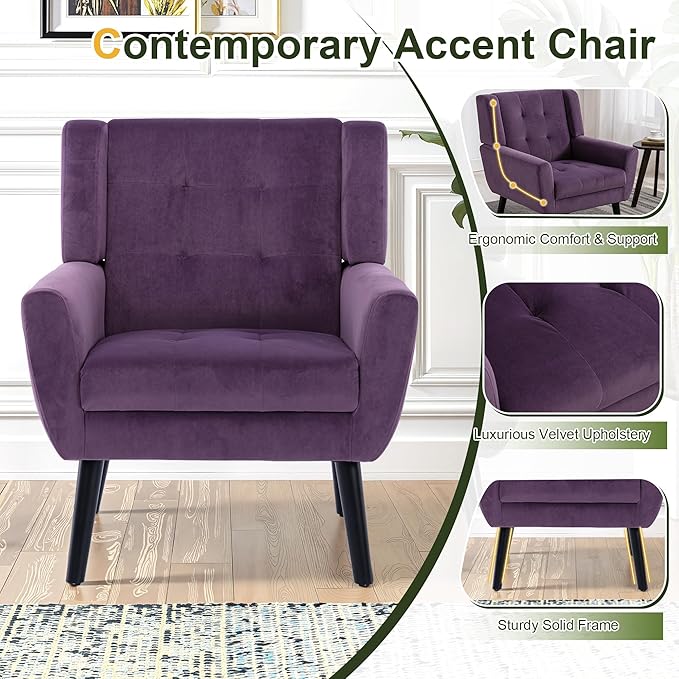 NicBex Modern Accent Chair for Living Room Upholstered Foam Filled Living Room Chairs with Metal Legs Velvet Cozy Lounge Armchair for Living Room Bedroom,Lavender Purple