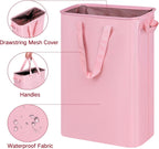 efluky Slim Laundry Basket, Narrow Laundry Hamper with Handles, Collapsible Dirty Clothes Hamper, Tall Laundry Bin for Laundry Room, Dorm and Bedroom, 12.7 Gallons(48L) Pink