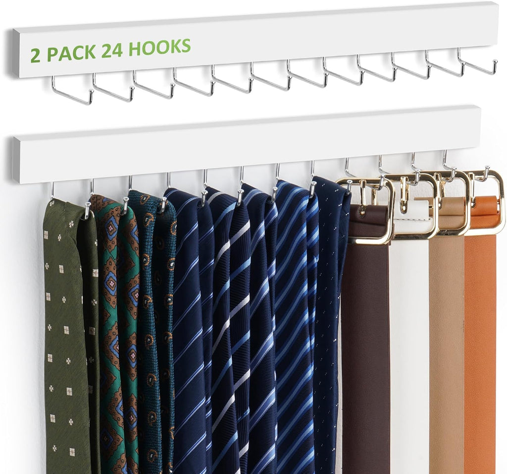2 Pack Tie Hanger Wall Mounted, Wooden Tie Rack Belt Hanger with 24 Non Slip 180° Rotating Hooks, Belt Organizer Space Saving Tie Hanger for Closet, Tie Holder & Tie Organizer, White