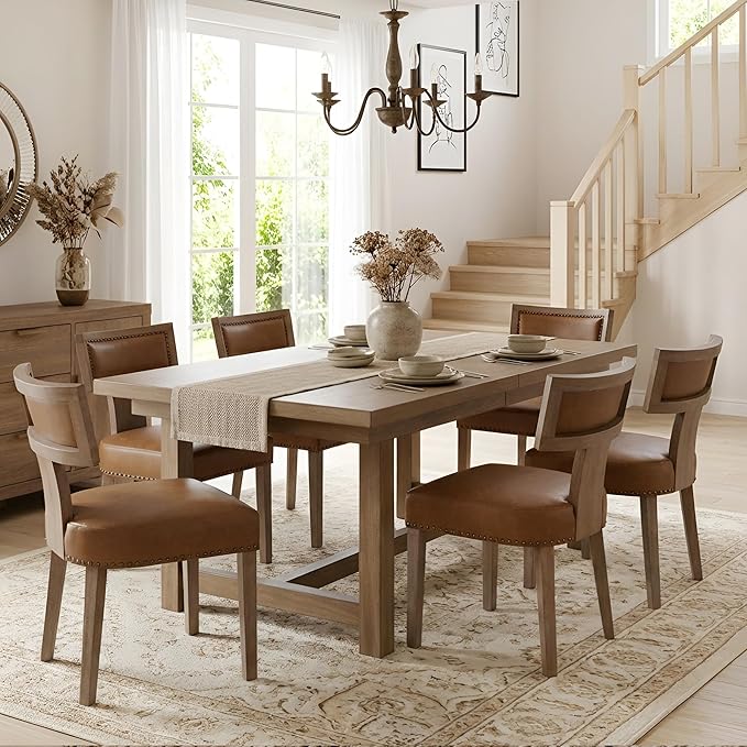 HNY Mid Century Modern Dining Chairs Set of 6, Farmhouse PU Leather Upholstered Accent Chairs Curved Nailhead Trim Backrest Kitchen Chairs, with Hardwood Frame, Brown