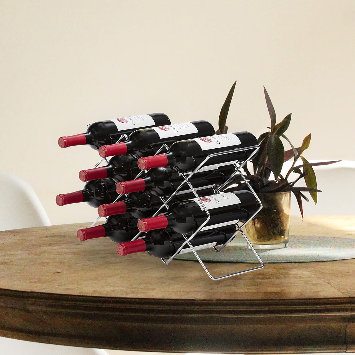 Mango Steam Elegant 10 Bottle Wine Rack Holder for Countertop and Fridge Storage - Silver Chrome