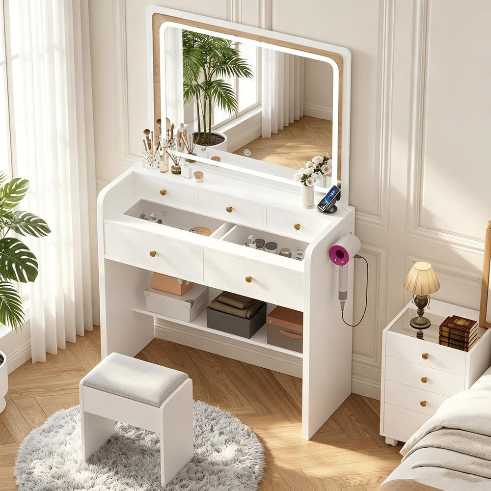 Makeup Vanity Desk Set with LED Lighted Mirror Glass Top Dressing Table &...