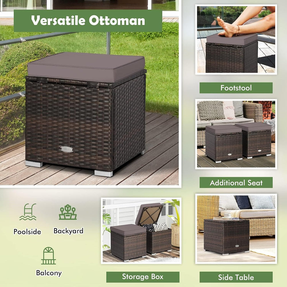 HAPPYGRILL 2PCS Patio Ottoman Set Outdoor Wicker Stool with Storage, Rattan F...
