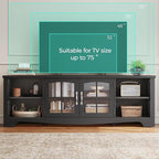 LINSY HOME TV Stand for 75 Inch TV, Modern Farmhouse Entertainment Center with Storage Cabinets and Glass Doors, Tall Media Console Table for Living Room, Bedroom, Large Long Television Stand, Black
