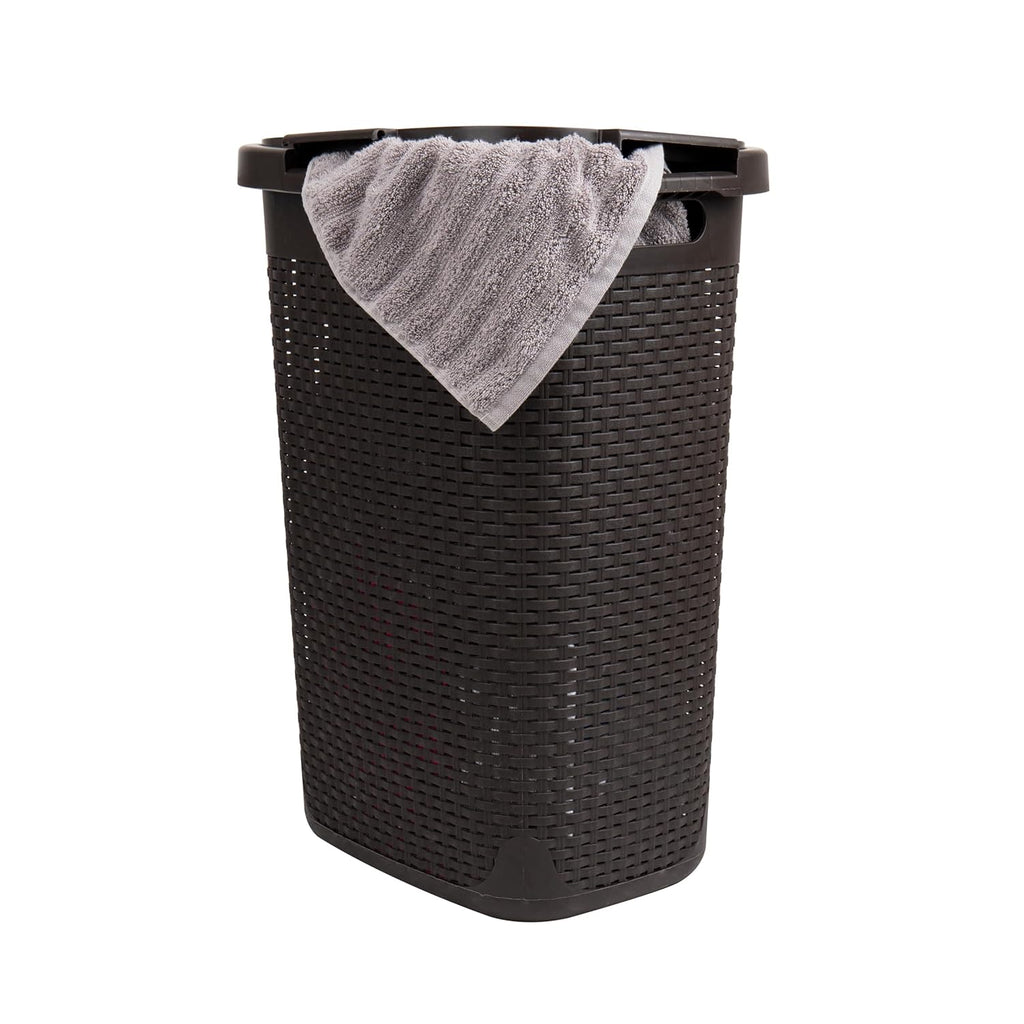 Mind Reader Slim Laundry Hamper with Lid, 60L Clothes Basket, Premium Wicker Design, Plastic, Brown