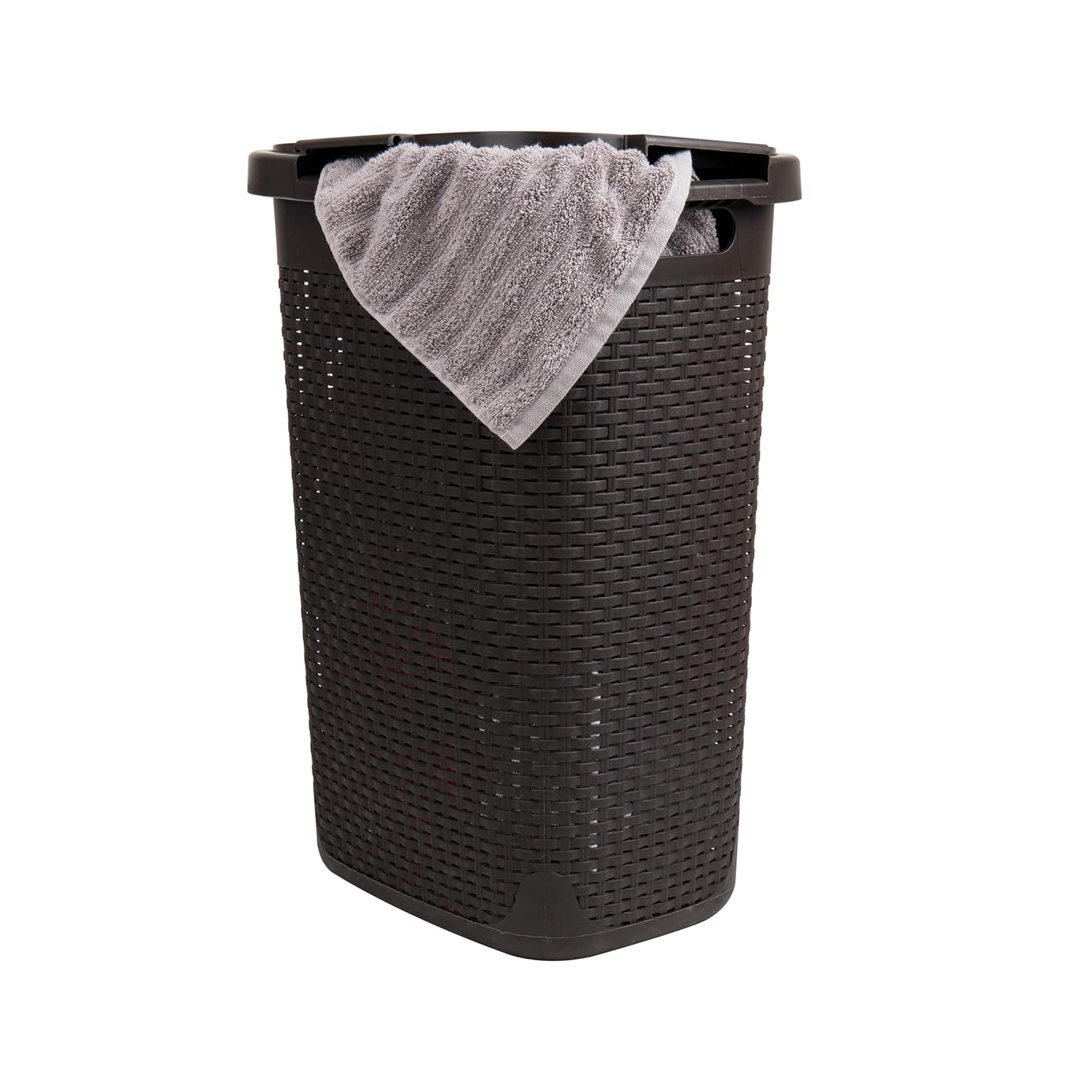 Mind Reader Slim Laundry Hamper with Lid, 60L Clothes Basket, Premium Wicker Design, Plastic, Brown