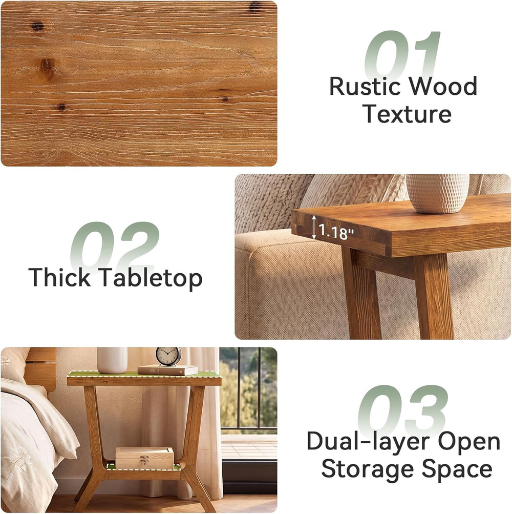 Solid Wood End Table, Small Wooden Side Table with 2-Tier Storage, Narrow Rus...