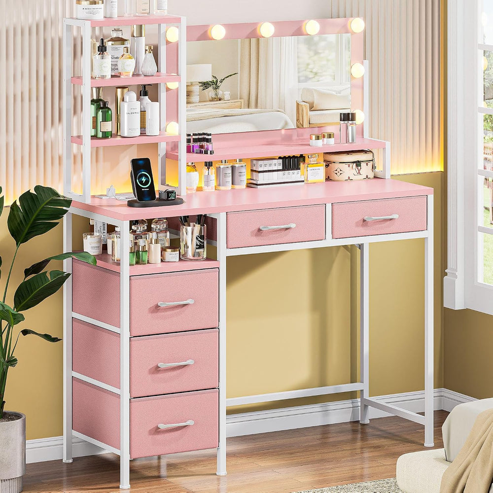 Vanity Desk with Mirror, 9 Lights, 3 Color Modes with Adjustable Brightness, ...