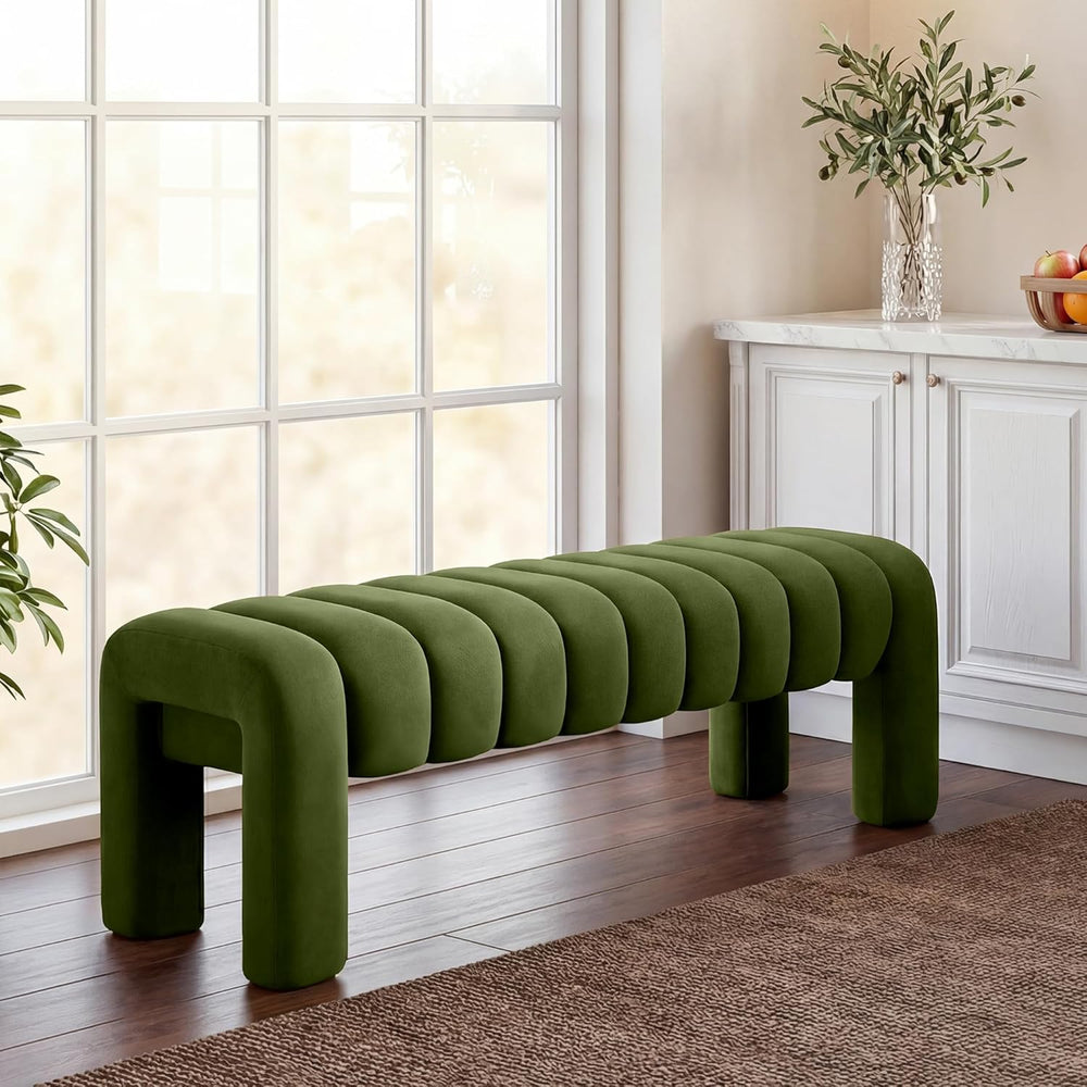 43.3” Dining Room Bench, Olive Green Tufted Upholstered End of Bed Bench, Mod...