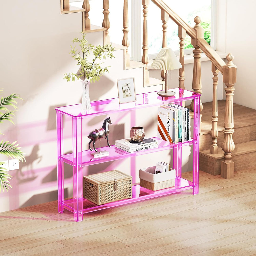 Acrylic Console Table, 3 Tier Entryway Table with Storage Shelves (Light Pink)