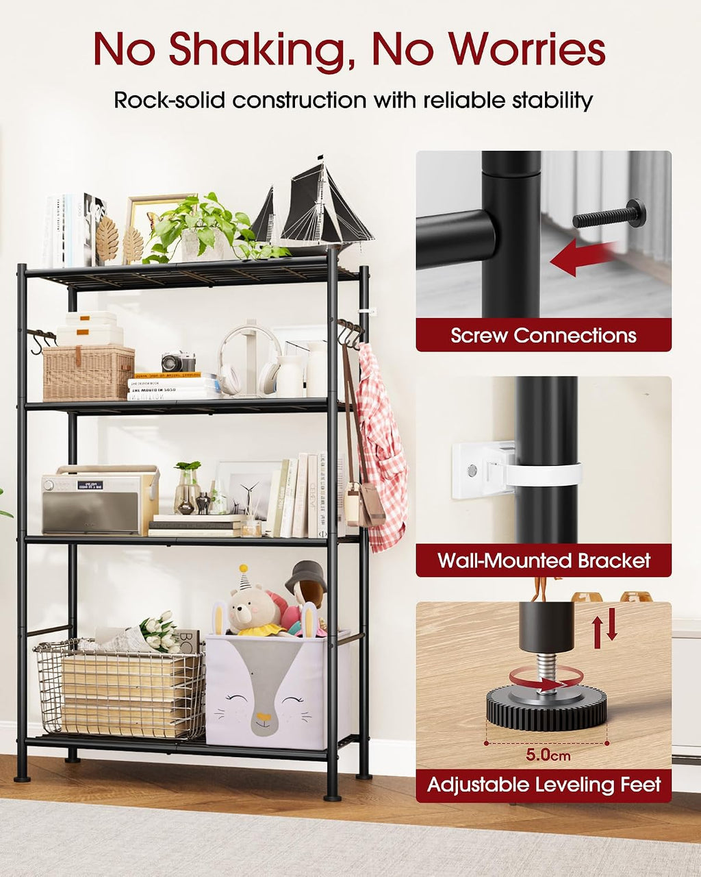 Sakugi Storage Shelves - 4-Tier Spacious Shelf Organizer with Hooks & Leveling Feet, Easy to Assemble, Rust-Resistant Garage Shelving for Kitchen, Pantry, Bedroom, 33.2" x 12.7" x 57.3", Black