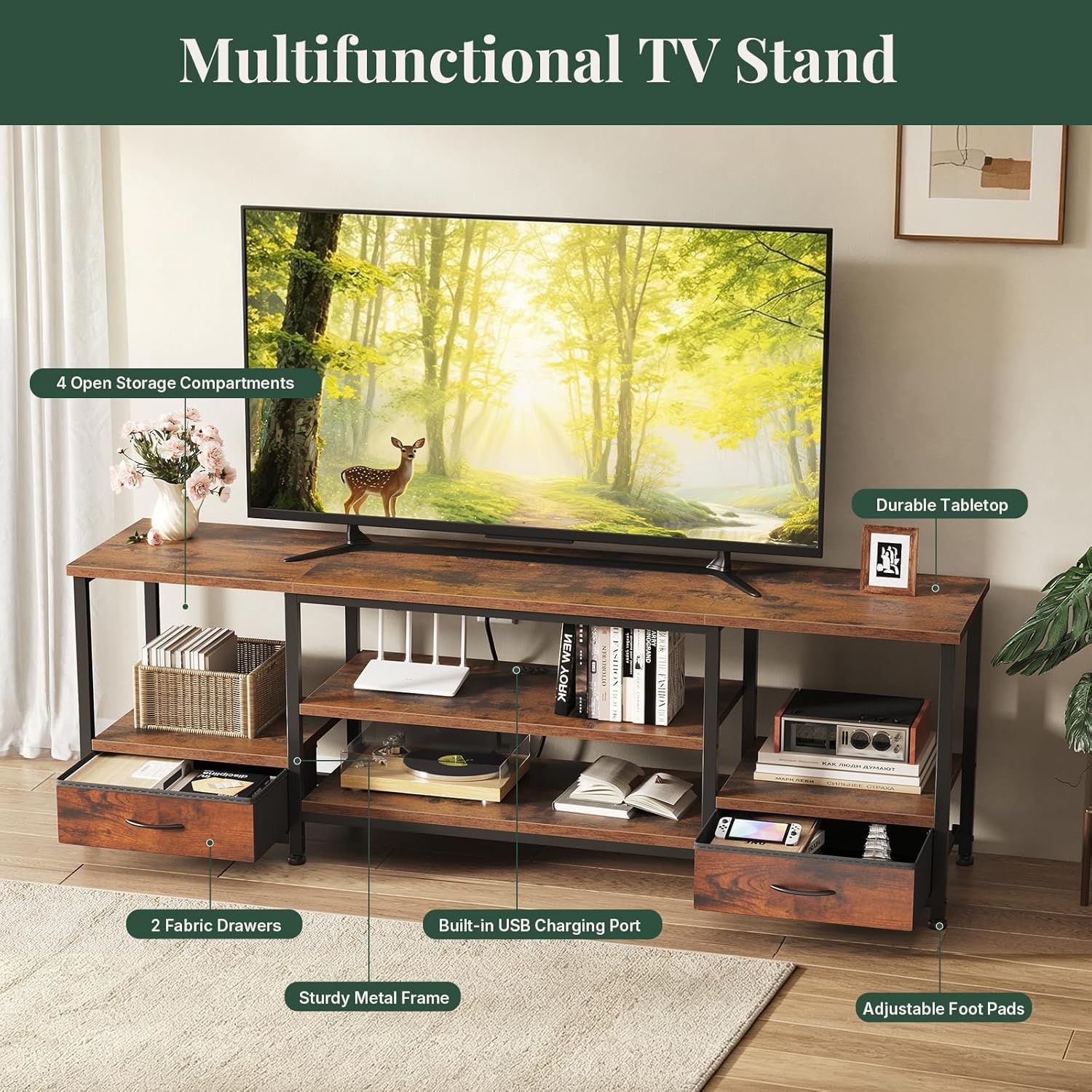 TV Stand for Living Room, Entertainment Center for TVs Up to 75 Inch, Industrial Media Console Table with Charging Station and Storage Drawers for Bedroom, Open Shelves, Rustic Brown