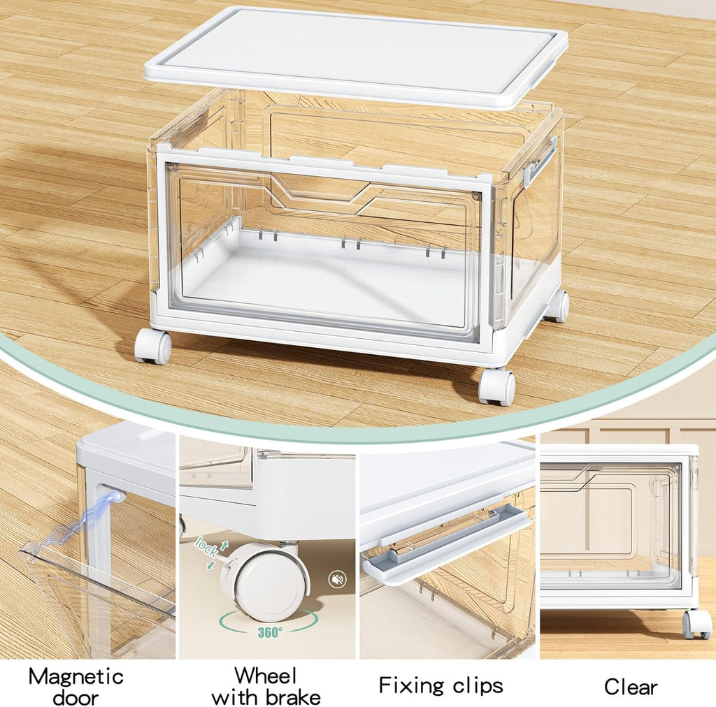 Clear Storage Bins with Lids,4 Tier Plastic Bins with Wheels,Stackable Storage Bin,Closet Organizers Box for Bedroom,Living Room,Toy,23 QT Folding Box with Magnetic door