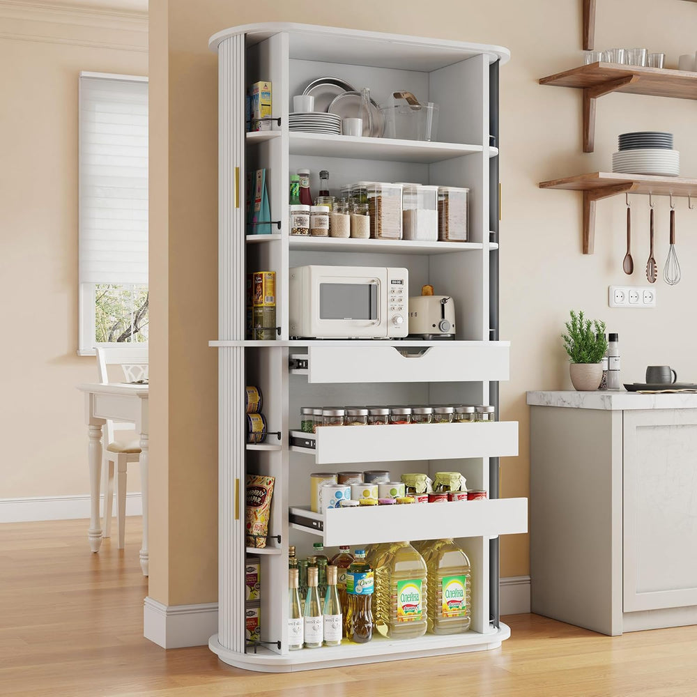 iPormis Kitchen Pantry with Sliding Doors, Tall Modern Curved Pantry Storage ...