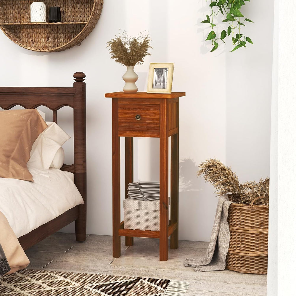SlickBlue 2-Tier Slim Bedside Table with Drawer and Shelf for Living Room Bed...