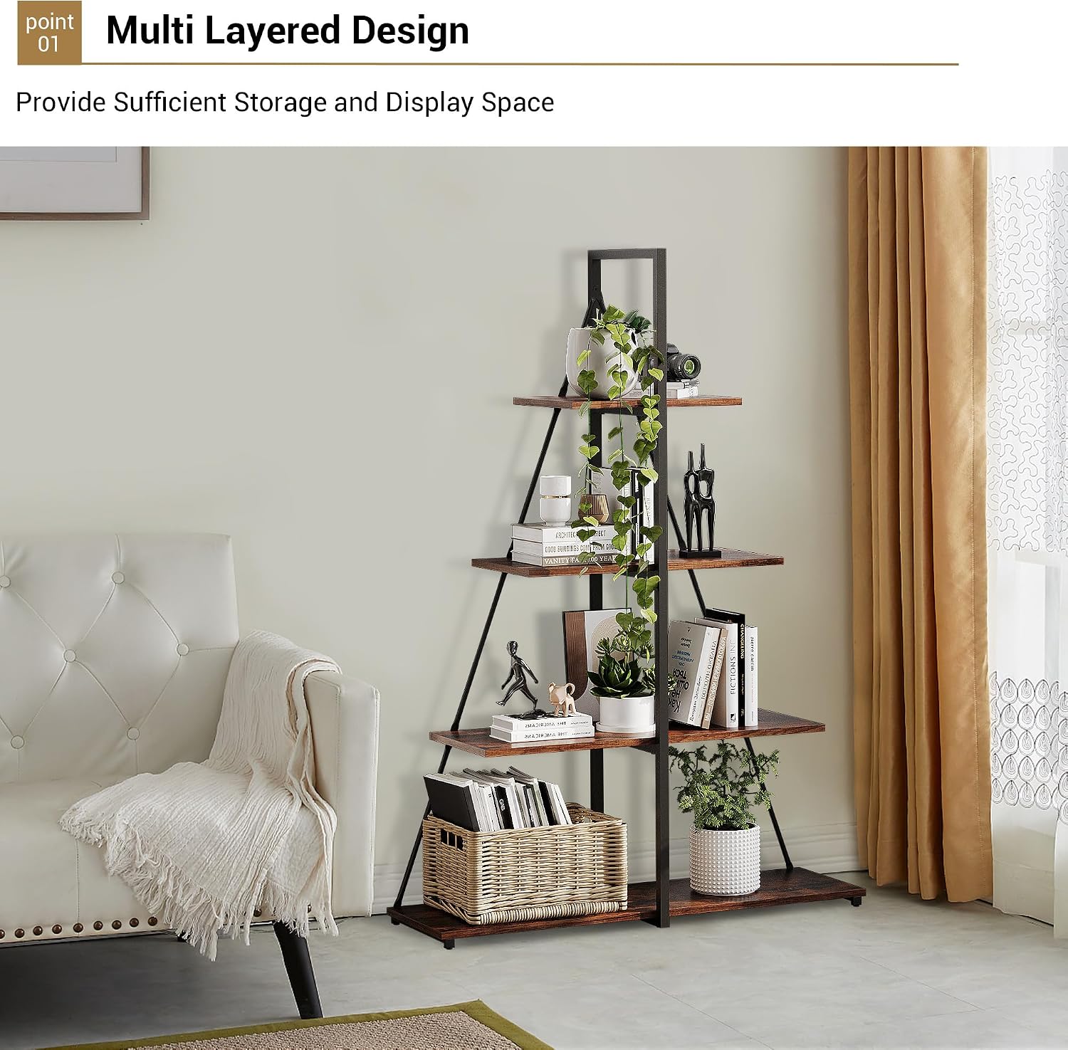 IDEALHOUSE 4-Tier A-Shaped Ladder Bookshelf, Industrial Metal Frame Storage Display Shelf, Tall Ladder Shelving Organizer with Black Iron & Retro Color Board for Living Room, Home Office
