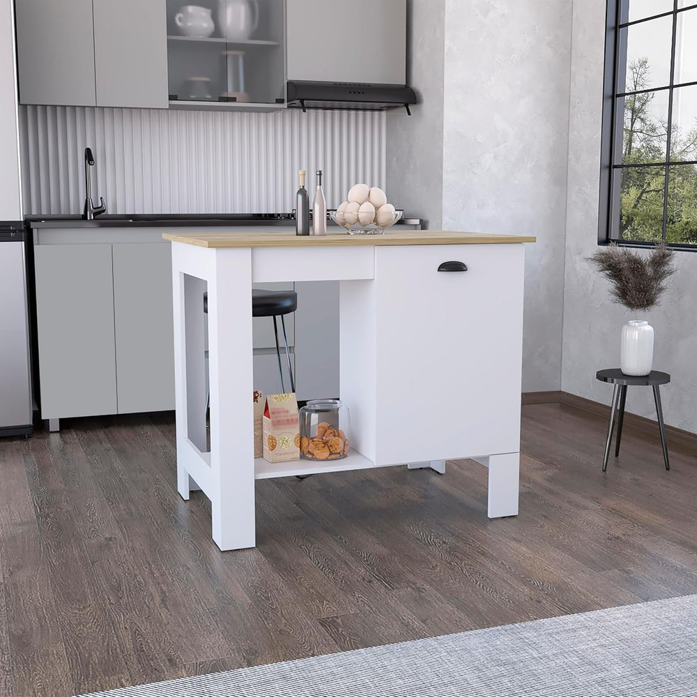 Modern White and Macadamia Kitchen Island with Single Door Cabinet Storage Sh...