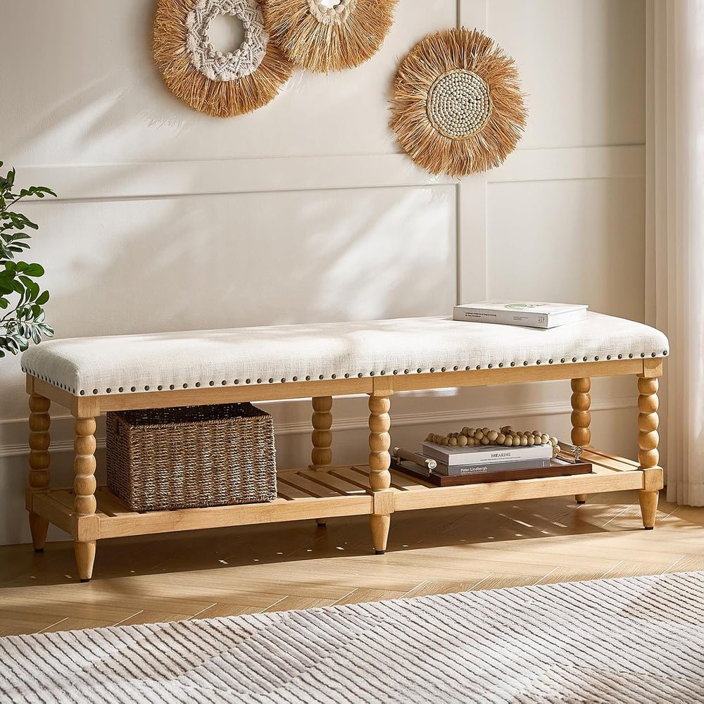 HULALA HOME Entryway Bench with Soild Wood Shelf, 58" Upholstered Shoe S...