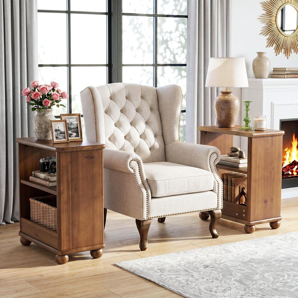 3-Tier Solid Wood End Table with Storage Shelf for Living Room | Farmhouse Ru...