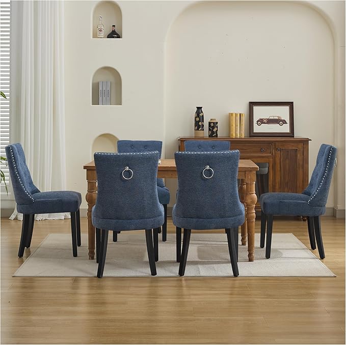 Upholstered Tufted Dining Chairs Set of 6, Fabric Side Dining Room Chairs with Nailhead Back Ring Pull Trim Solid Wood Legs, Dark Blue