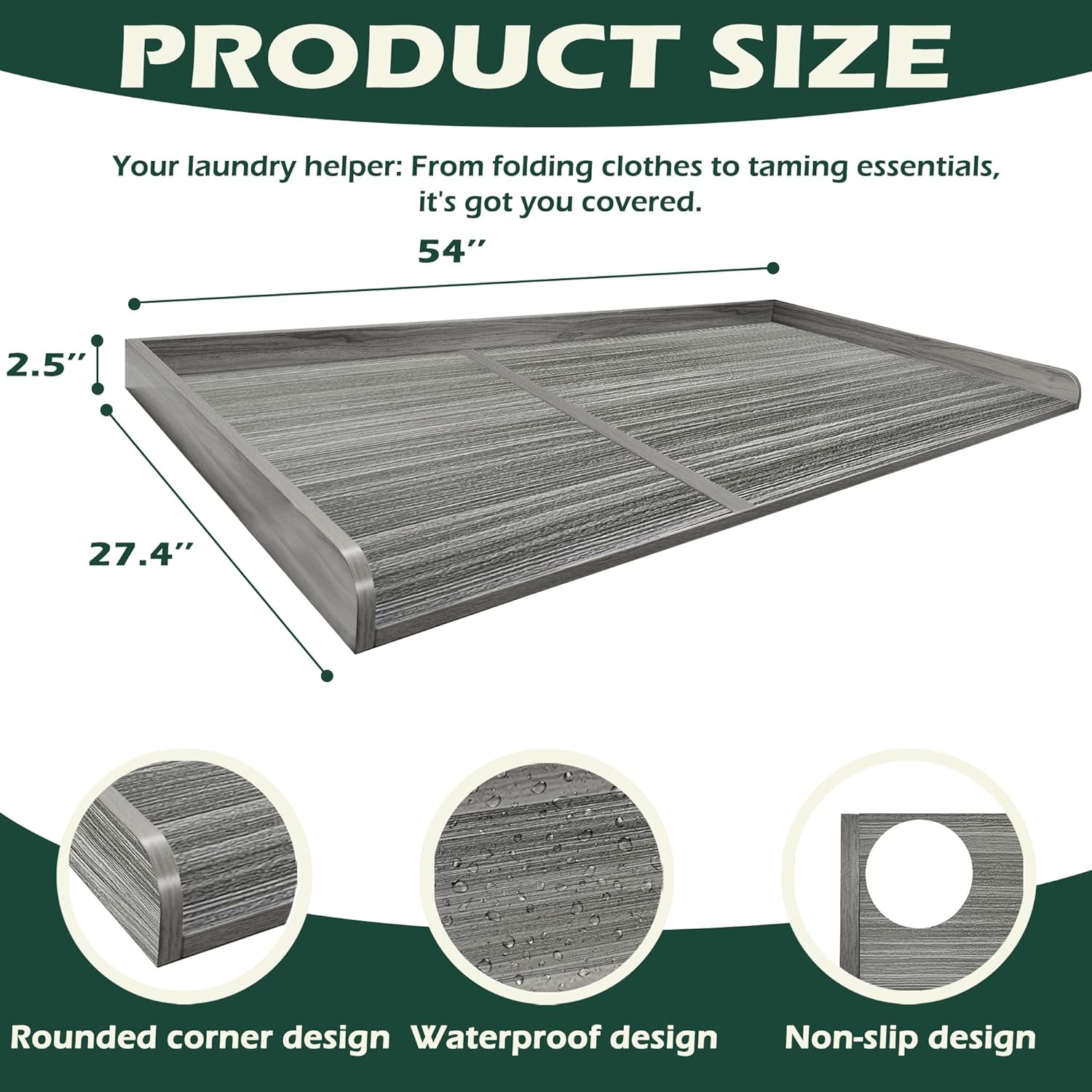 Royxen Washer Dryer Countertop, 27.4" x 54" Wood Universal Fit, Washer Dryer Topper, Laundry Room Organization, Laundry Countertop for Laundry Organization, Eucalyptus