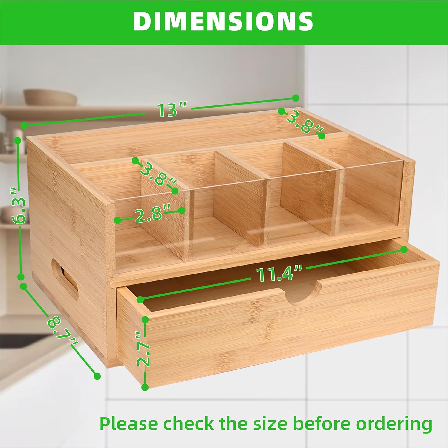Tea Bag Organizer, Bamboo Tea Organizers and Storage, Tea Box Organizer Storage Box with Drawer, Portable Tea Bag Holder Organizer, Tea Storage Organizer for Countertop, Pantry, Kitchen