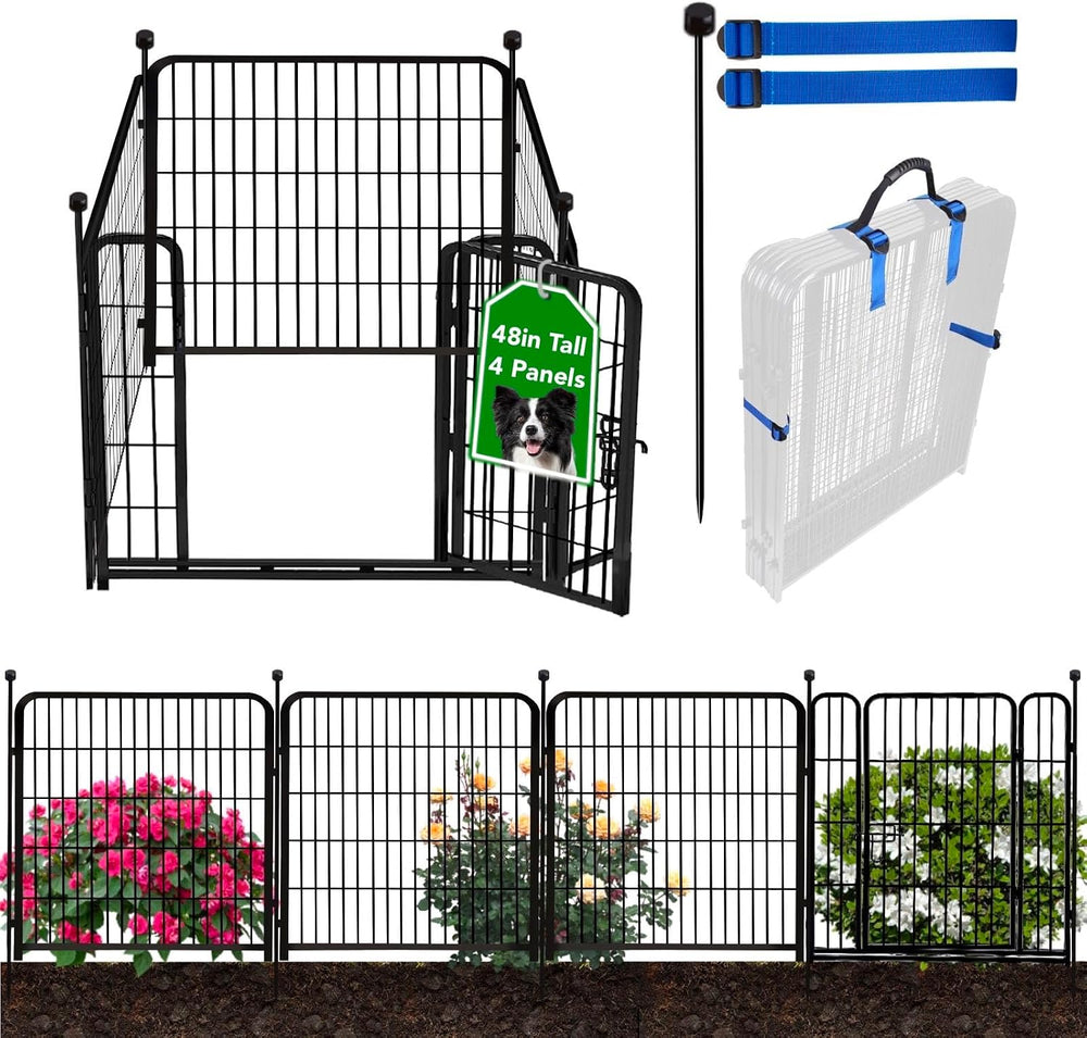 ADAVIN 48in Dog Fence, 4 Panels Tall Garden Fence with Low Threshold Gate