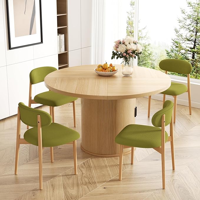 Wooden Dining Chair Set of 8, Modern Dining Chairs with with Curved Back, Fabric Upholstered Kitchen Dining Room Chairs with Adjustable Legs for Farmhouse Dining Living Room,Green