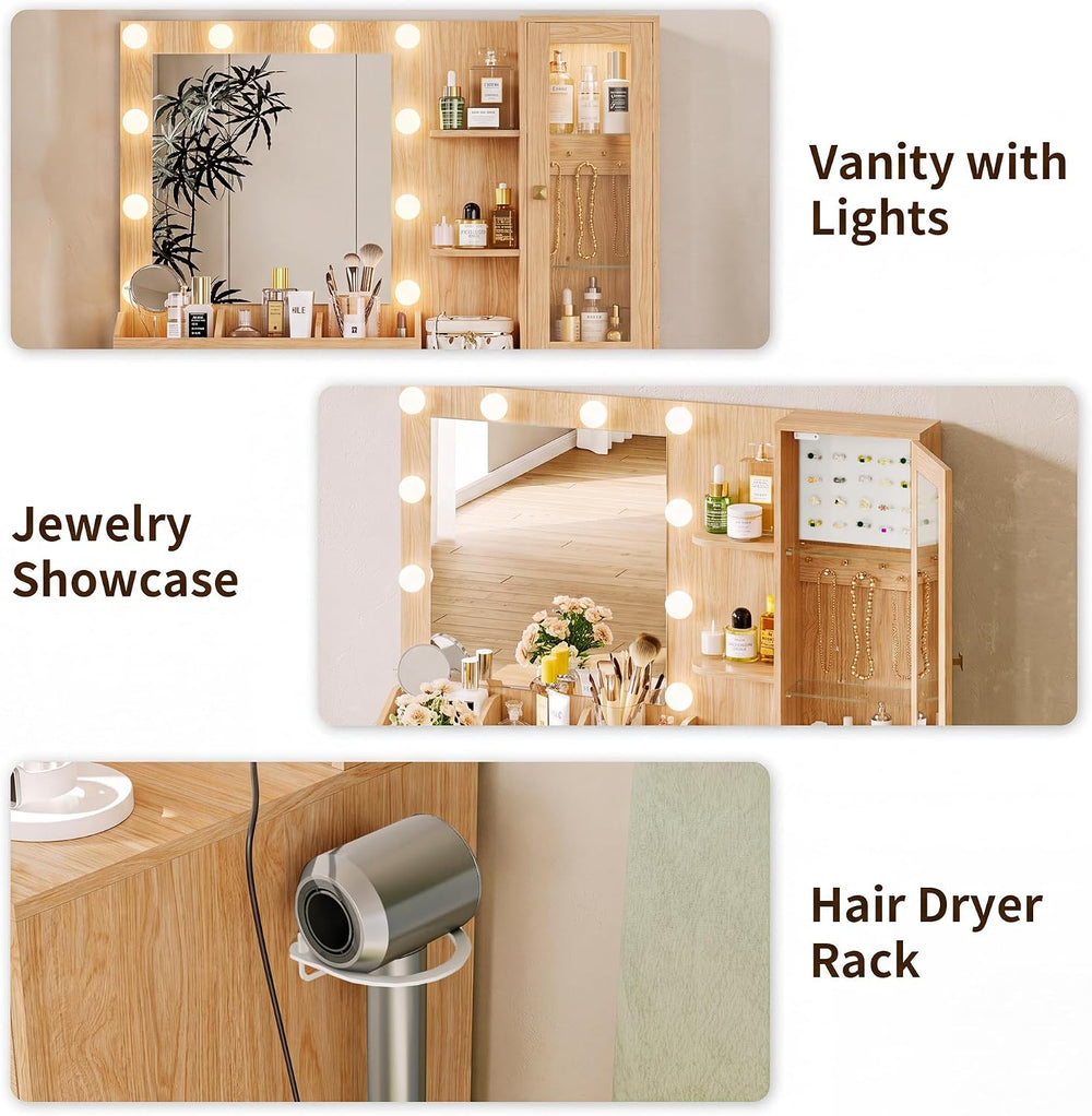 HUANLEGO Vanity Desk with Mirror and Lights & LED Glass Cabinet, Oak | Ma...