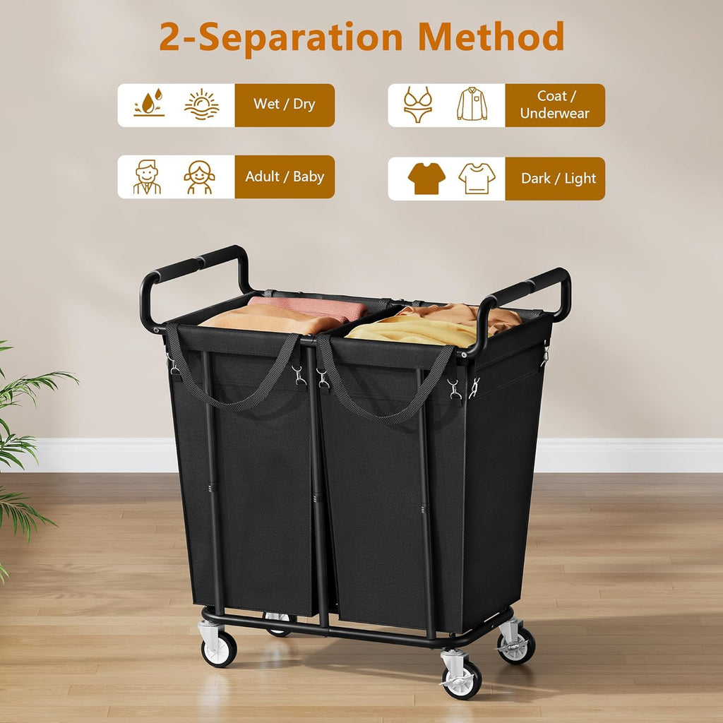 Large Laundry Hamper with Wheels, 2 - Bag 250L Rolling Medium Laundry Basket Sorter Cart, Medium - Sized Laundry Clothes Hamper, Heavy Duty Laundry Basket Organizer for Laundry Room, Bathroom