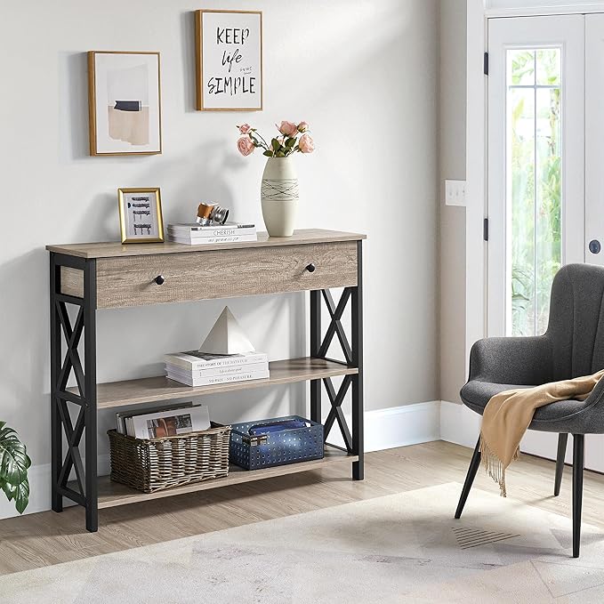 Yaheetech TV Stand, Entertainment Center with Drawer, Media Console Table for TV up to 45 inch, TV Console Table with Open Storage Shelves for Living Room/Hallway, Metal Frame, Grey