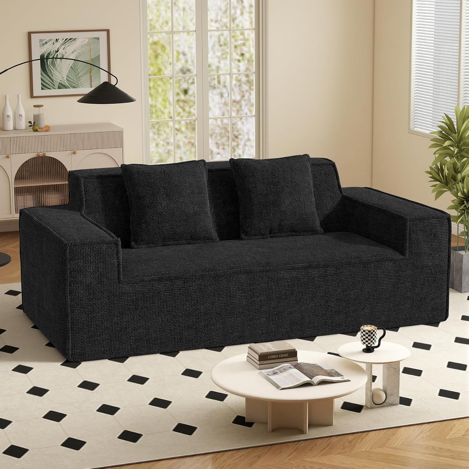Luxanimarion 77'' Modern Small Cloud Loveseat Sofa, Boneless Love Seat | No Assembly Required Comfy Couches Includes 2 pcs Pillows for Living Room, Bedroom, Apartment, Polar Fleece Black