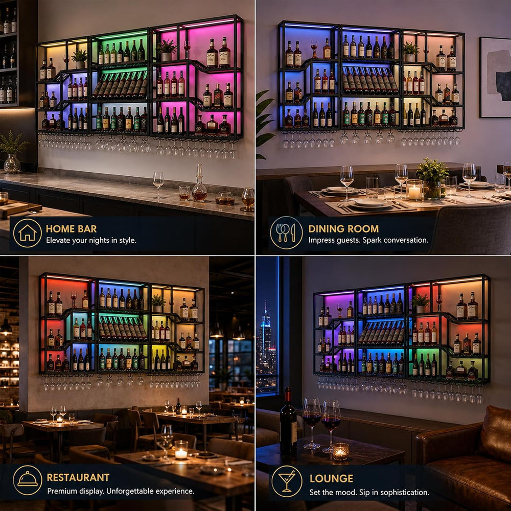 94.5in Wall Mounted Wine Rack with LED Light, Heavy Duty Metal Liquor Shelf, ...