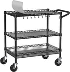 Heavy Duty Rolling Cart with Wheels, 3 Tier Commercial Grade Utility Cart, Metal Kitchen Storage Trolley with Handle Bar & Shelf Liner for Food Service Tool, Black