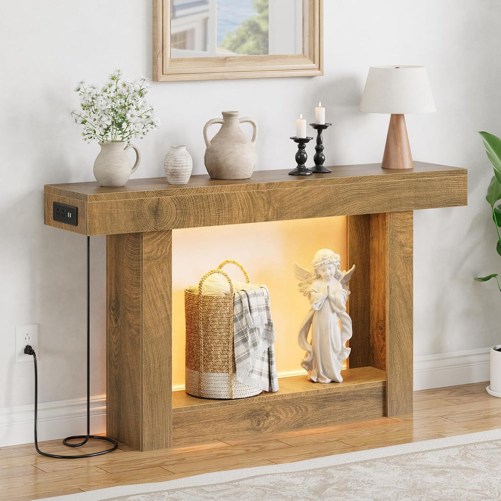 47.2" Entryway Table with Outlet, 2-Tier Console Table with Sensor Light...