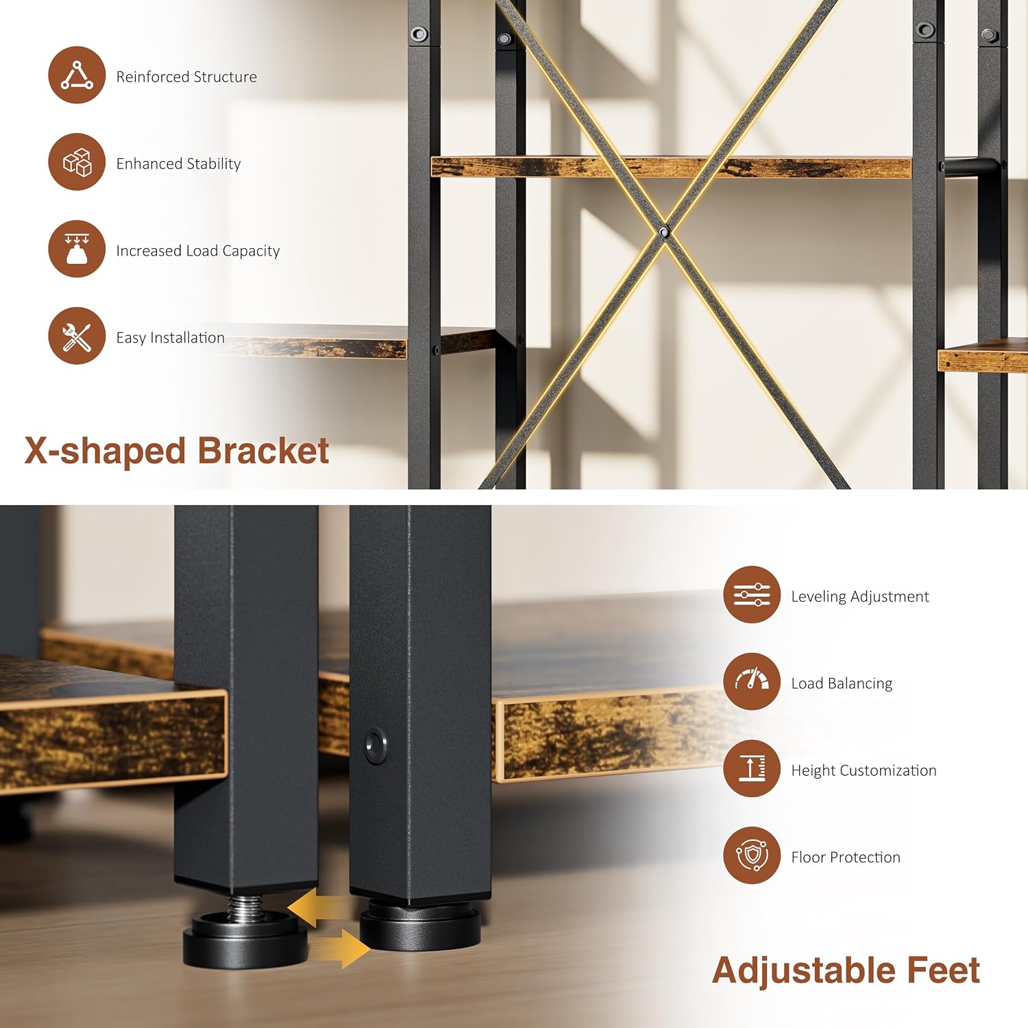 Shintenchi Triple Column 5 Tier Bookshelf, Industrial Large Bookcase Display Shelves, Large Etagere Bookshelf,Wide Book Shelf Book Case for Home & Office, Rustic Brown