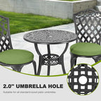 NUU GARDEN 3-Piece Patio Bistro Set Outdoor Cast Aluminum Bistro Table and Chairs Set of 2, Outdoor Patio Bistro Set with Umbrella Hole and Green Cushions for Patio Balcony, Black