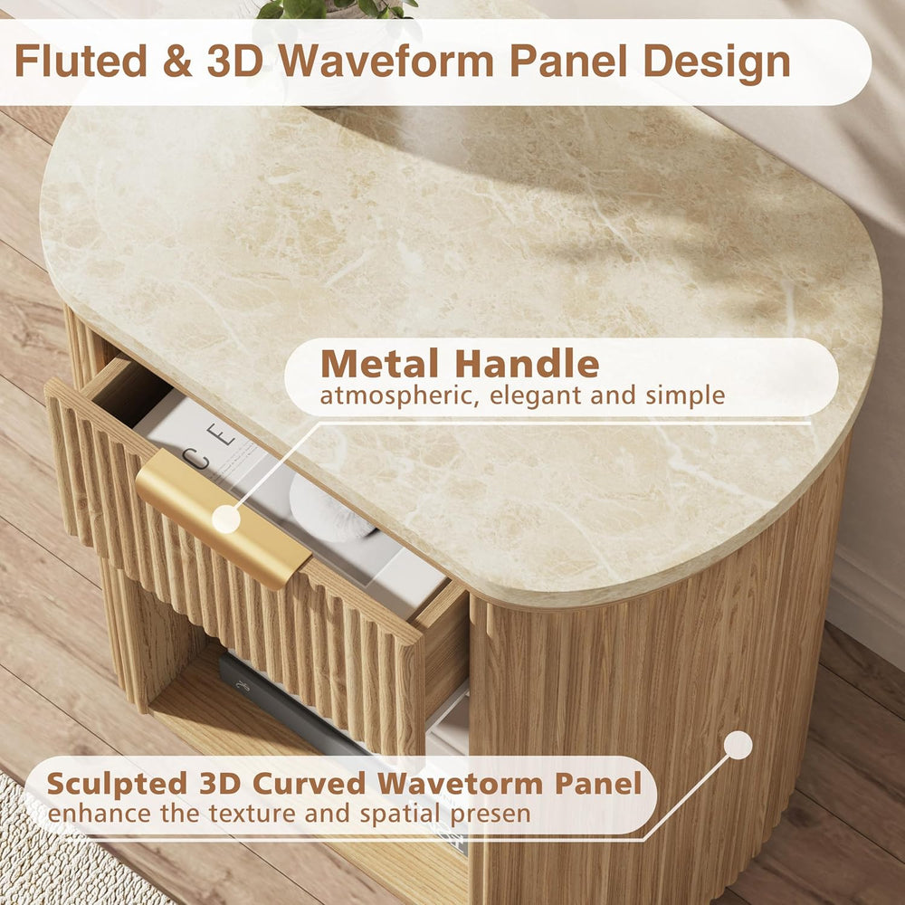 Fluted Marble Nightstand Set of 2 23.6"Large Round Bedside Table Oak,Boho
