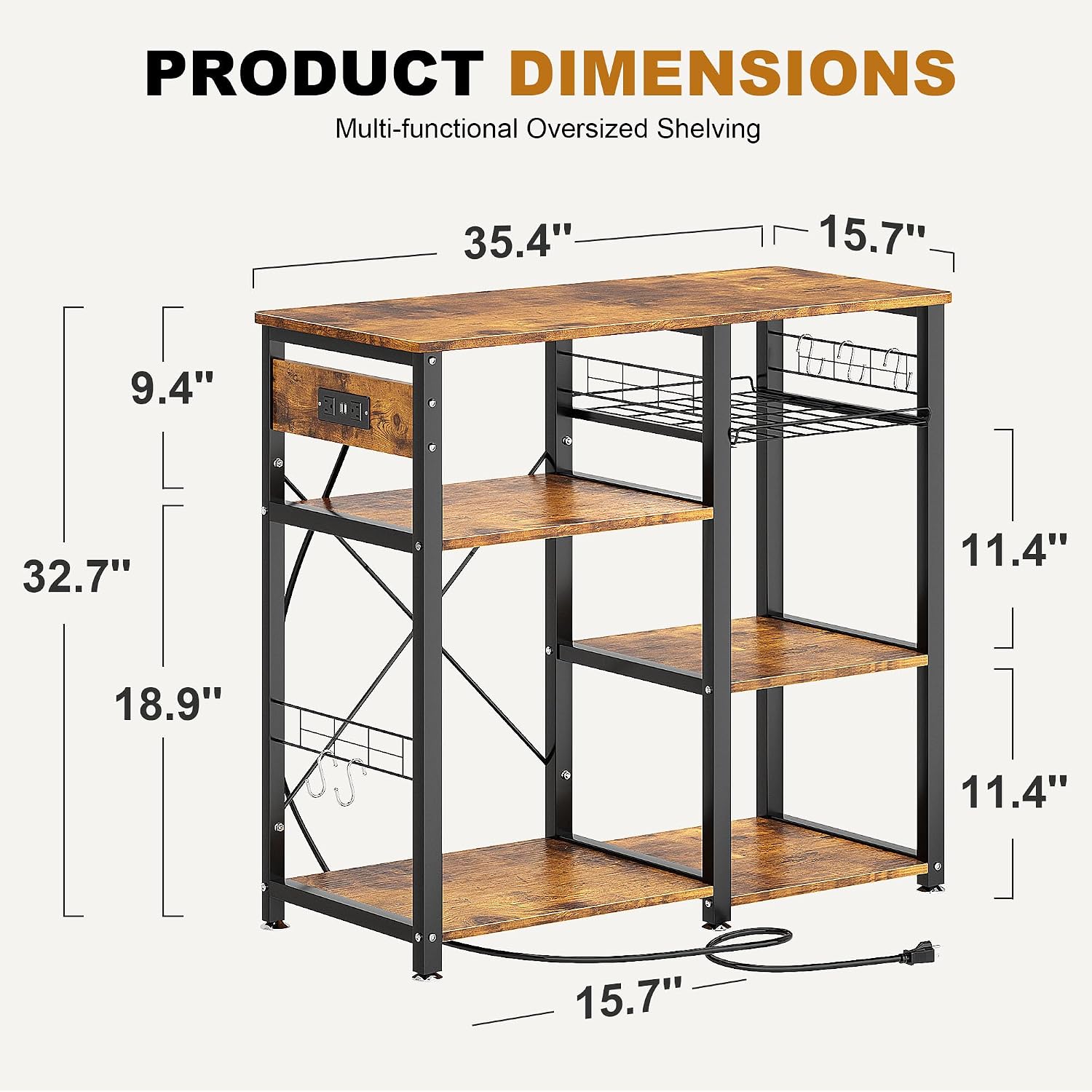 SogesPower 3-Tier Kitchen Baker's Rack Microwave Stand Storage Rack,Multifunctional Storage Shelf Organizer with USB Ports and Charging Station Outlets is Suitable for Kitchen,Living Room and Corridor