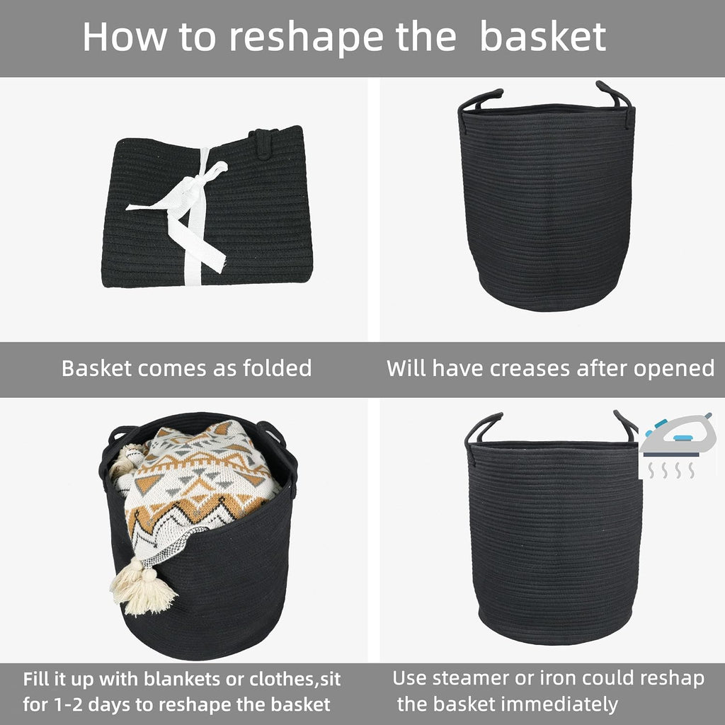 Woven Cotton Rope Laundry Basket, 15" x 20" Laundry Hamper, Black | Rope storage basket for dirty clothes, toys and blankets. Perfect for bathroom, baby nursery and living room storage.