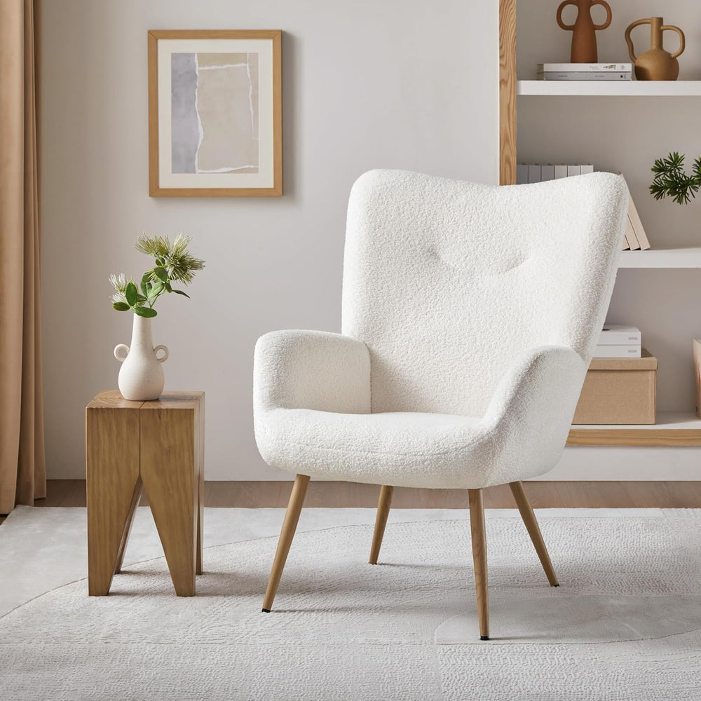 Yaheetech Barrel Chair, Fuzzy Accent Chair with High Back, White | Boucle Fab...