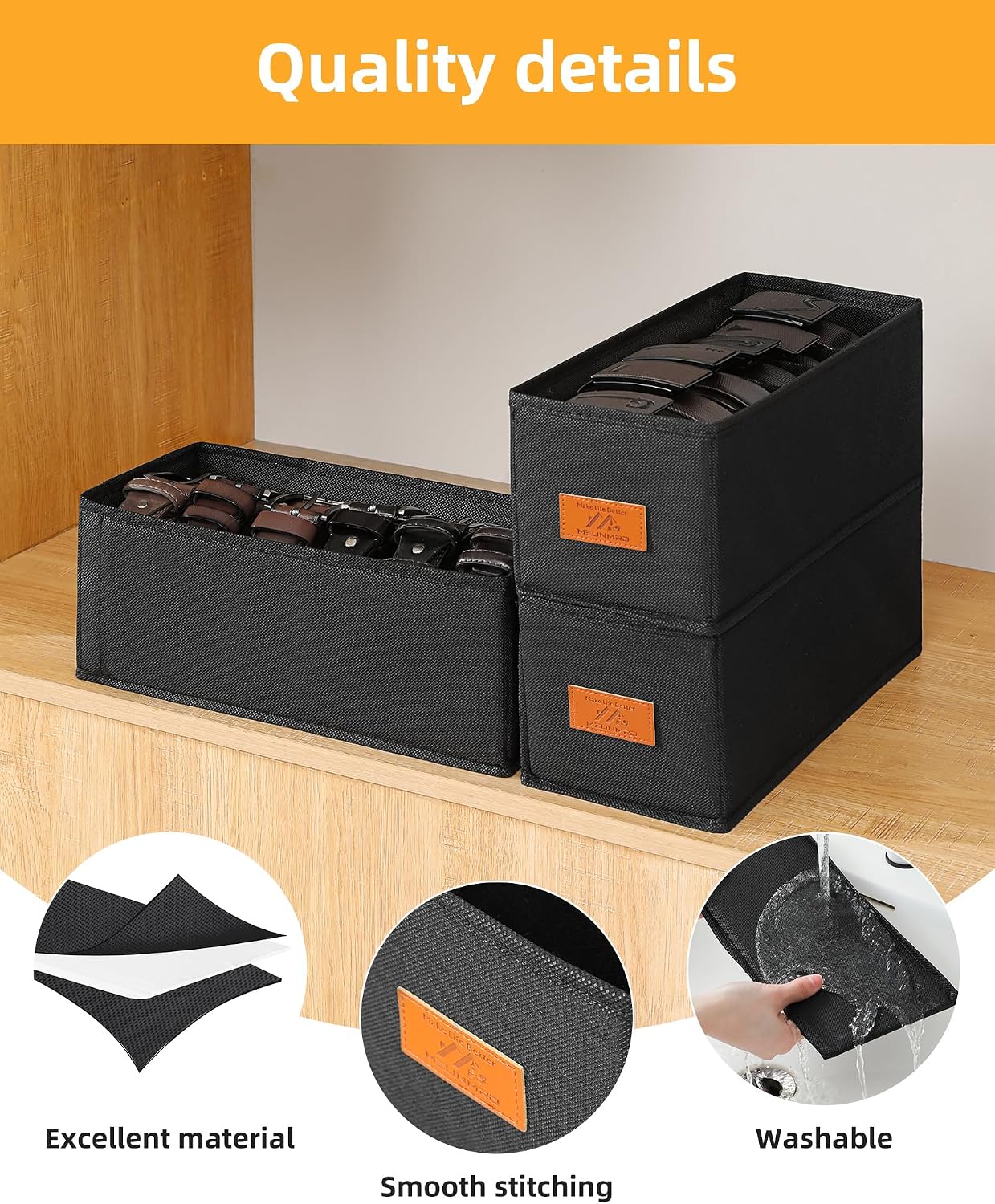 4 PCS Belt Organizer for Closet, 6 Grids Belt Holder, Washable Belt Box, Foldable Tie Organizer for Men, Belt Storage for Drawer (Black, 13.38inch)