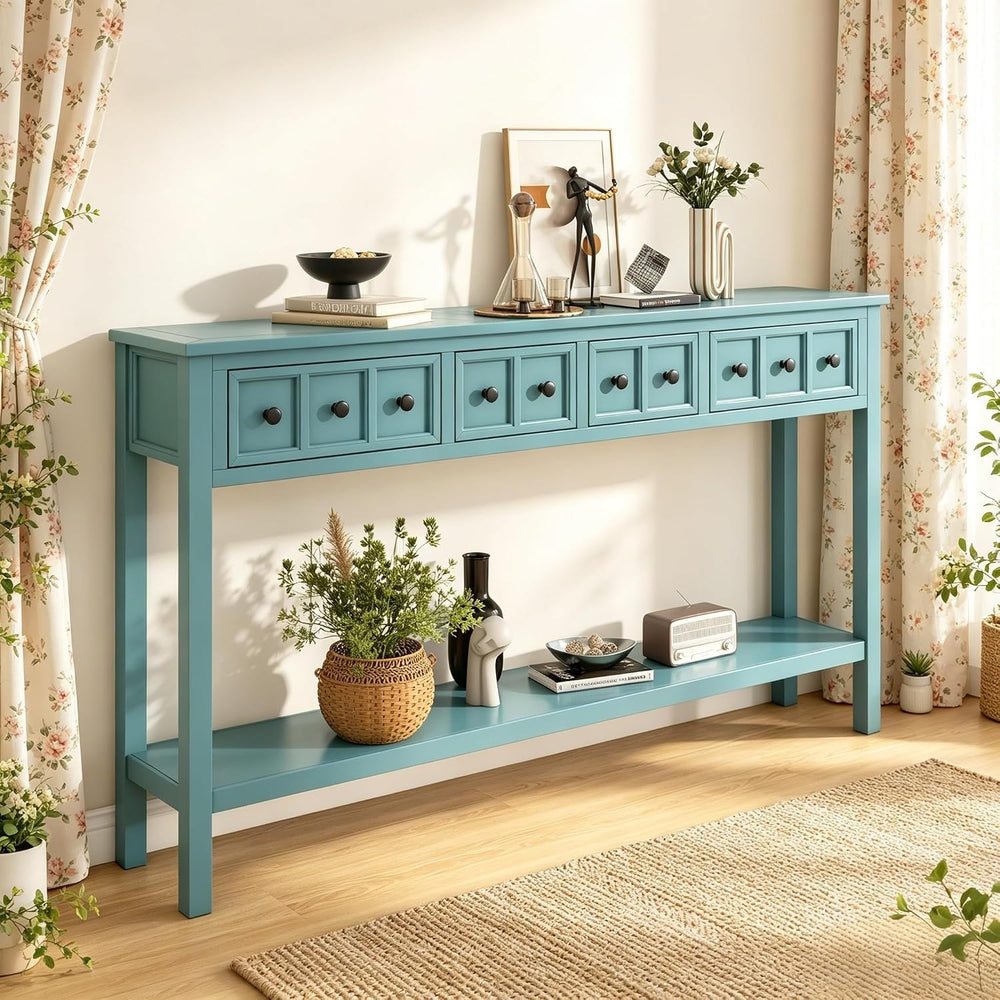 Merax 60" Long Entryway Table with 2 Size Drawers, Turquoise Green | Rus...