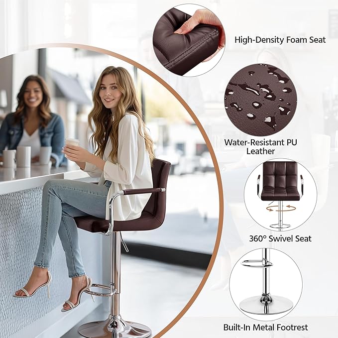 Yaheetech Bar Stools Set of 2, Adjustable PU Leather Swivel Barstools, Modern...