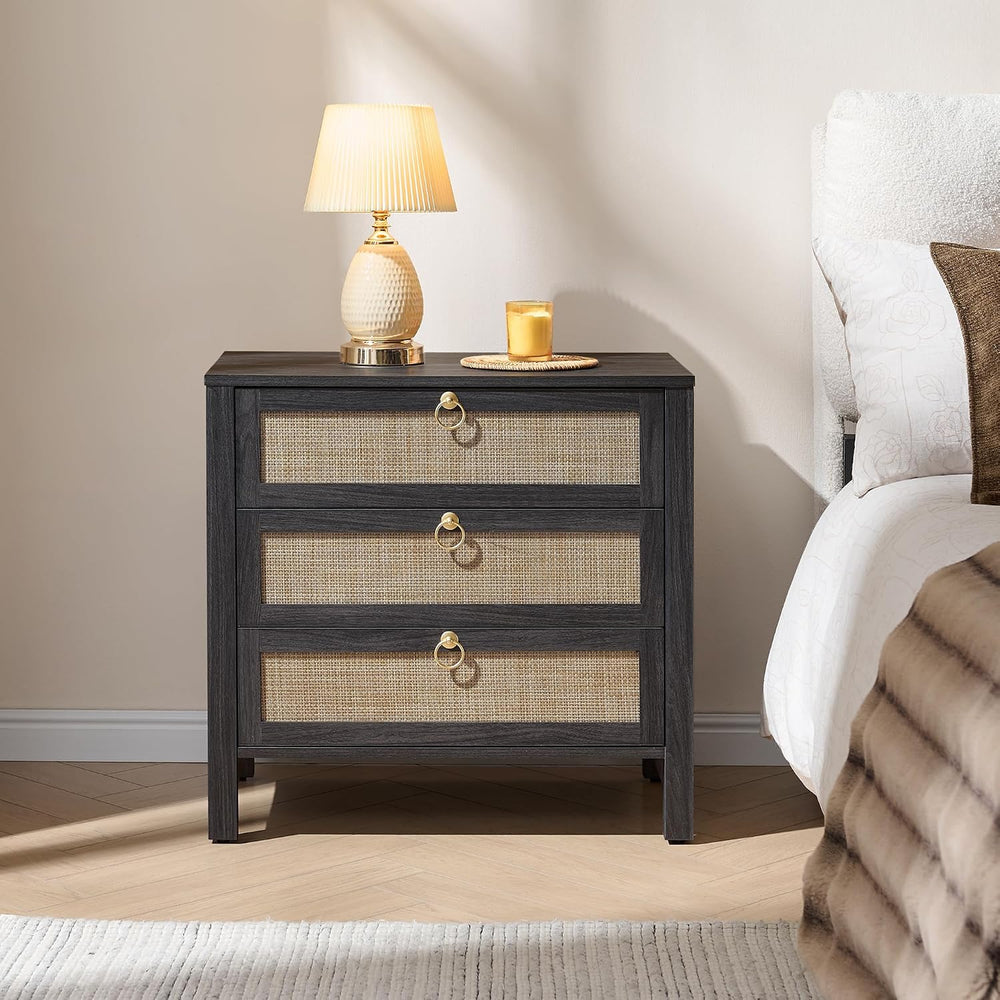 SICOTAS Rattan Nightstand Set of 2 with Drawers, Boho Large Bedside Tables | ...