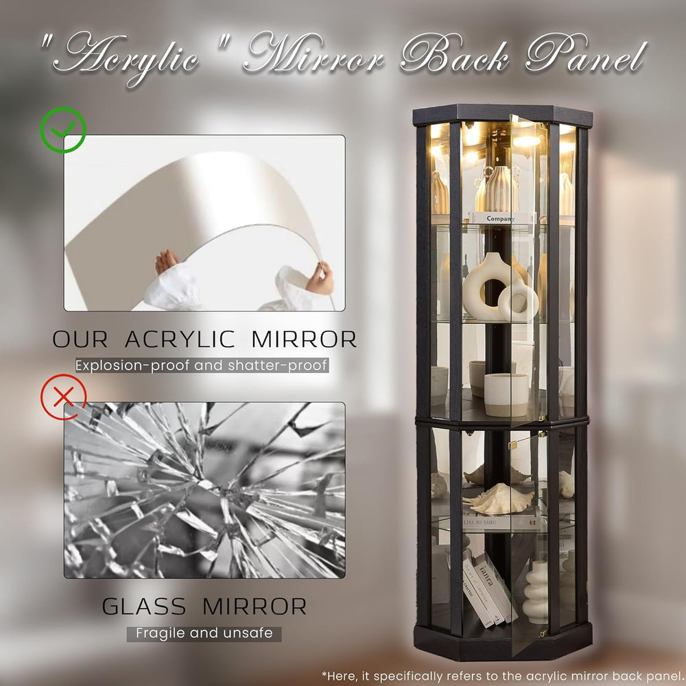 Corner Curio Cabinet, 70" H Lighted Glass Display Cage with Tempered Gla...