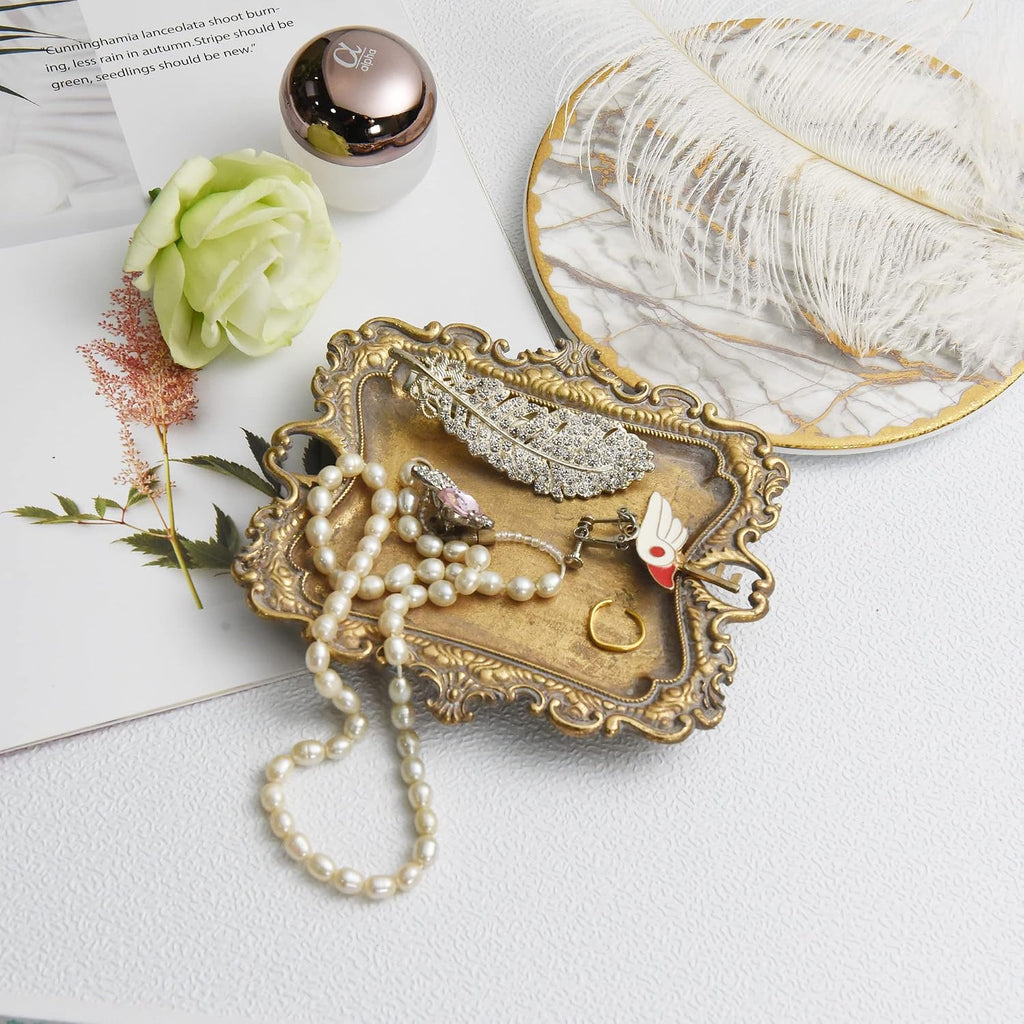 Funly mee Small Antique Trinket Dish Vintage Gold Metal Jewelry Tray, Ring Holder-5.3 x 3.5 x 1.2 inches