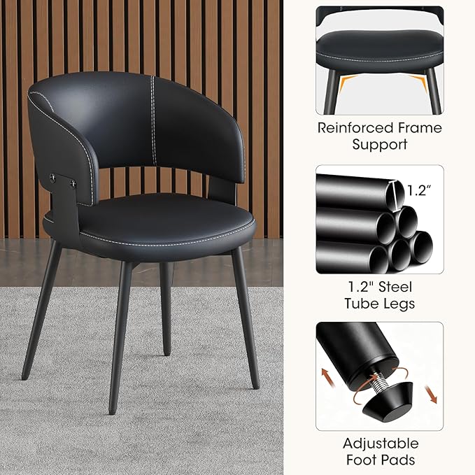 Modern Dining Chairs Set of 4, Faux Leather Upholstered Kitchen Chairs with Curved Back and Metal Legs, Mid Century Chairs for Dining Room, Kitchen, or Café (Black)