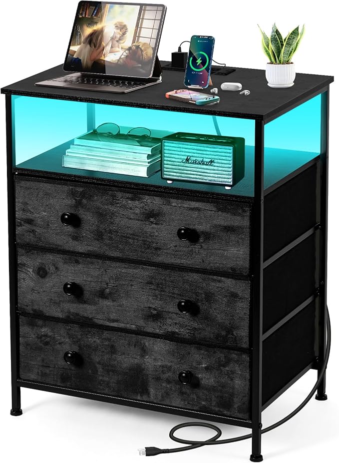 3 Drawers Dresser with Charging Station, 24 Inch Wide LED Night Stand with Ad...