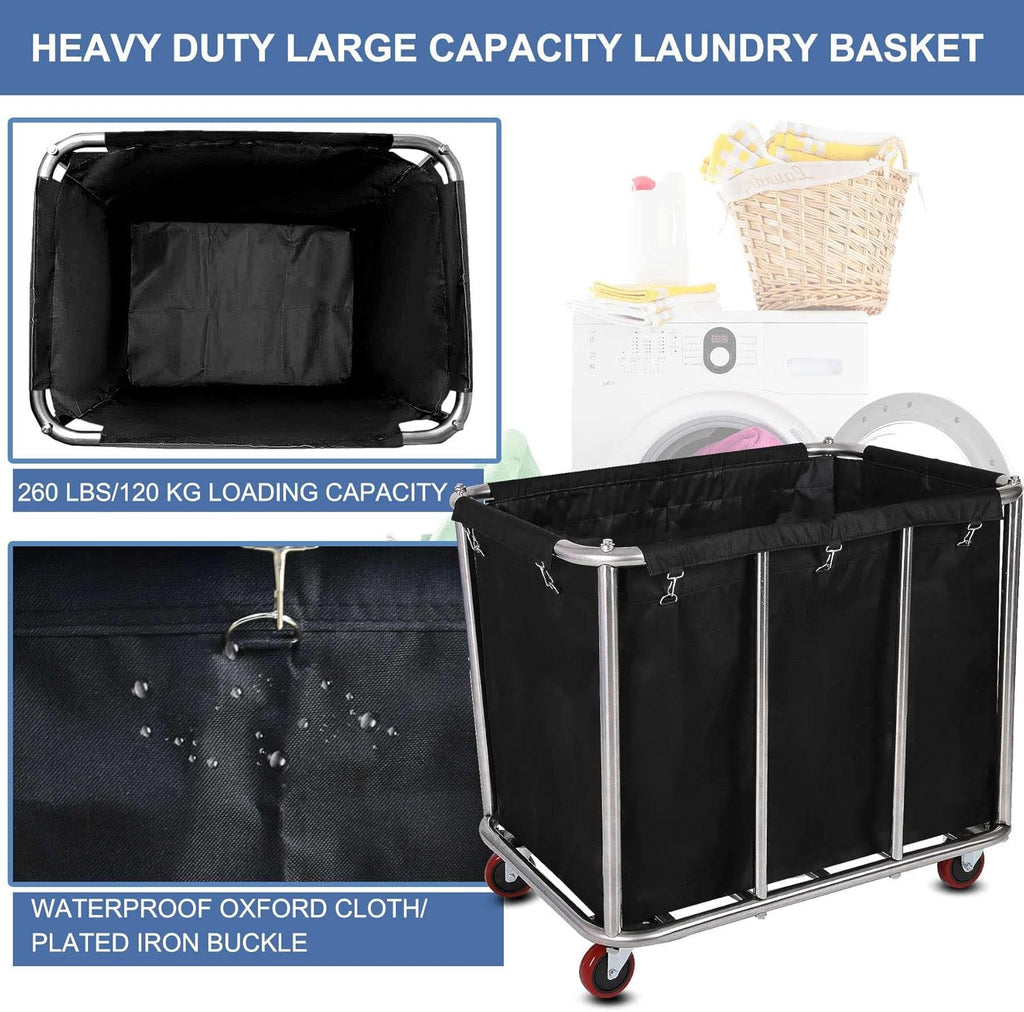 Large Laundry Cart with Wheels,Commercial Stainless Steel Heavy Duty Service Cart Laundry Hamper for Hotel/Home/School/Resort